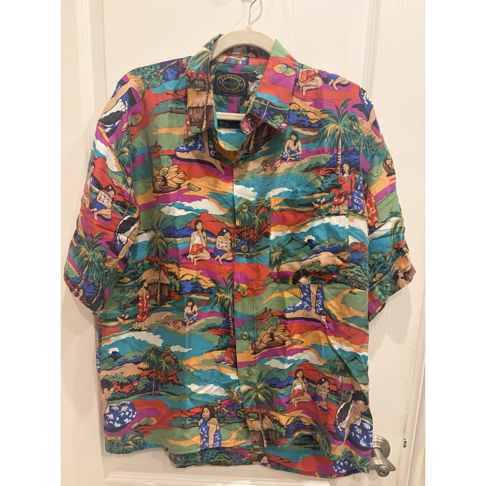 Vntg Hawaiian Silk Company Men's 100% Silk Button-Up Shirt Large Floral Aloha